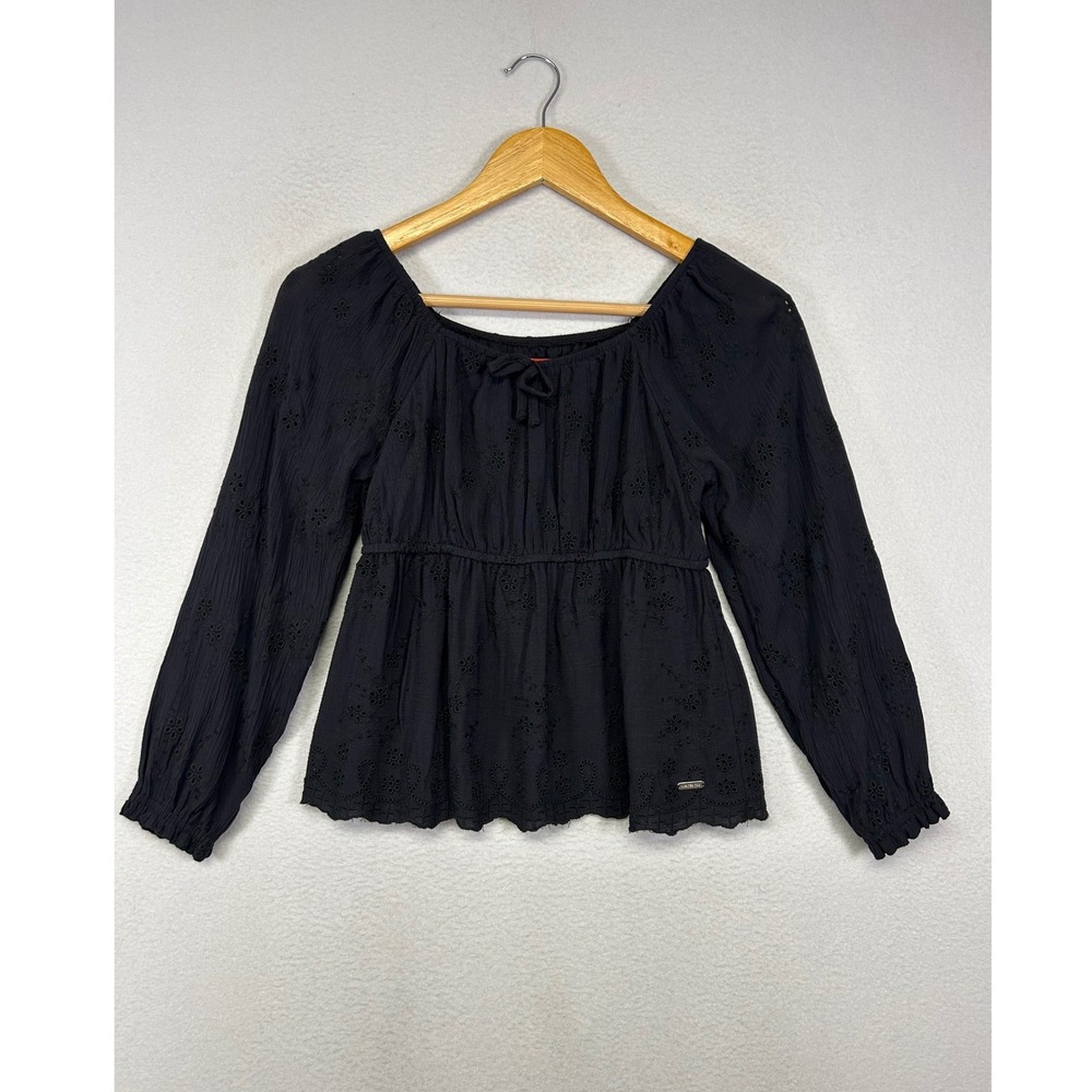 Cottagecore Limited Too Girls Size 10 Black Eyelet Embroidered Peplum Blouse Top